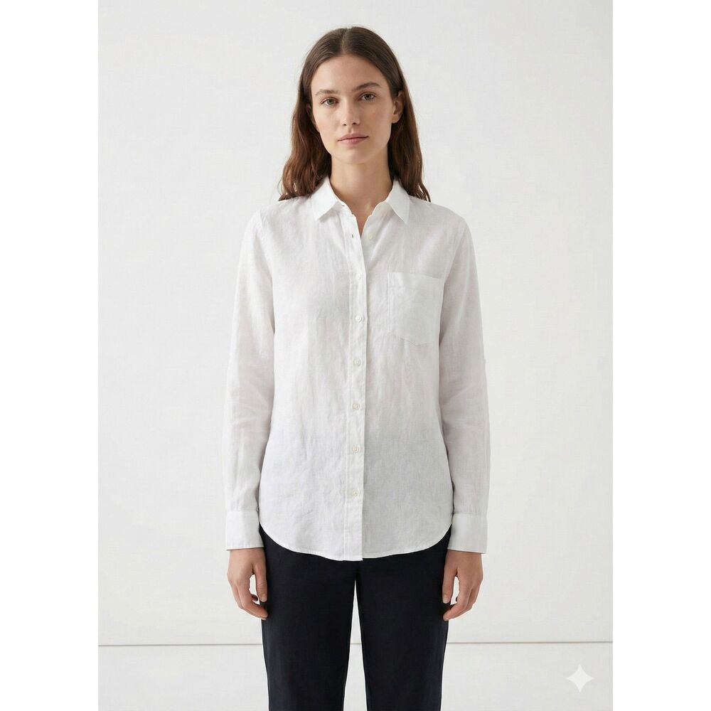 CAMIXA White Linen Cotton Button Up Shirt XS Roll Tab Sleeve Coastal Beach
